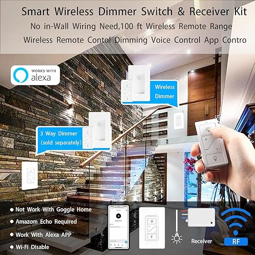 Humpptom Wireless Dimmer Light Switch and Receiver Compatible With Alexa - Smart Wall Switch for Ceiling Lights, Fans, Lamps