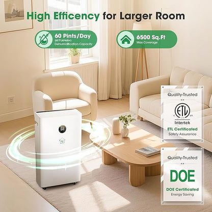6,500 Sq.Ft Dehumidifier for Basement with Drain Hose, 186 OZ Water Tank, 60 Pint Dehumidifiers for Large Home with Three Operation Modes, Intelligent Humidity Control, 24HR Timer for Bathroom