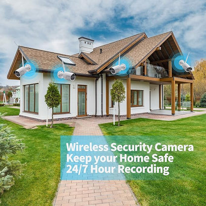 Wireless Security Camera System with 10.1" Monitor, 4PCS 3MP/2K HD Cameras | 2-Way Audio | Local & Remote View | Night Vision Motion Detection | IP66 Home Business Surveillance Kit (NO HDD)