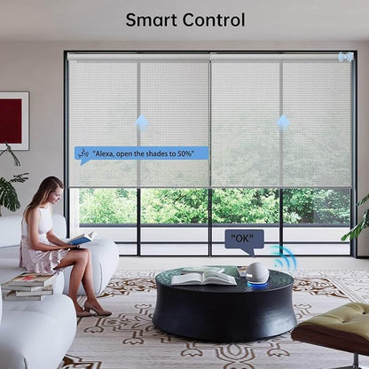Motorized Coupled Shades, Falme Resistant Smart Solar Shades for Large Windows Automatic Blinds Compatible with Alexa, Electric Roller Blinds Customized for Home Office(5% Openness Grey)