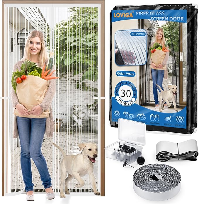 Heavy Duty Door Screen Magnetic Closure, LOVIGA Thickened Fiberglass Screen Door Mesh, Self Sealing, Tear Resistant, Easy Assemble, Fine Mesh Keep Bugs Out Fit Door Size 36 Inch X 96 Inch White