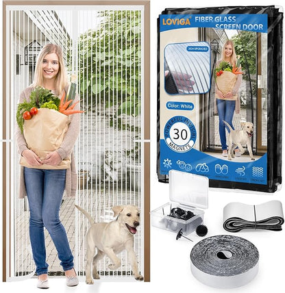 Heavy Duty Door Screen Magnetic Closure, LOVIGA Thickened Fiberglass Screen Door Mesh, Self Sealing, Tear Resistant, Easy Assemble, Fine Mesh Keep Bugs Out Fit Door Size 30 Inch X 82 Inch White