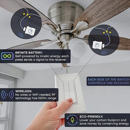 RunLessWire 3-Way Fan & Light Battery-Free DIY Kinetic Wireless Light Switch Kit for Bathrooms & Ceiling Fans: 2 Dual Remote Switches, Both Control 2 5A On/Off Receivers Separately Ivory