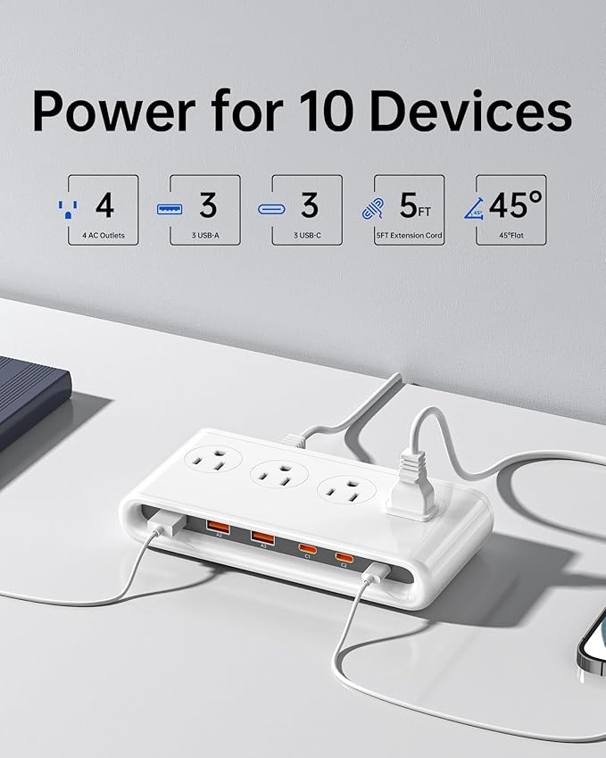 10-in-1 USB Charging Station with PD 20W Fast Charging, Surge Protector 6 USB Ports 4 AC Outlets 4.9ft Travel Power Strip with USB Ports Extension Cord for Home/Office/Travelling