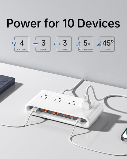 10-in-1 USB Charging Station with PD 20W Fast Charging, Surge Protector 6 USB Ports 4 AC Outlets 4.9ft Travel Power Strip with USB Ports Extension Cord for Home/Office/Travelling