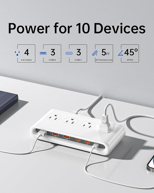 10-in-1 USB Charging Station with PD 20W Fast Charging, Surge Protector 6 USB Ports 4 AC Outlets 4.9ft Travel Power Strip with USB Ports Extension Cord for Home/Office/Travelling