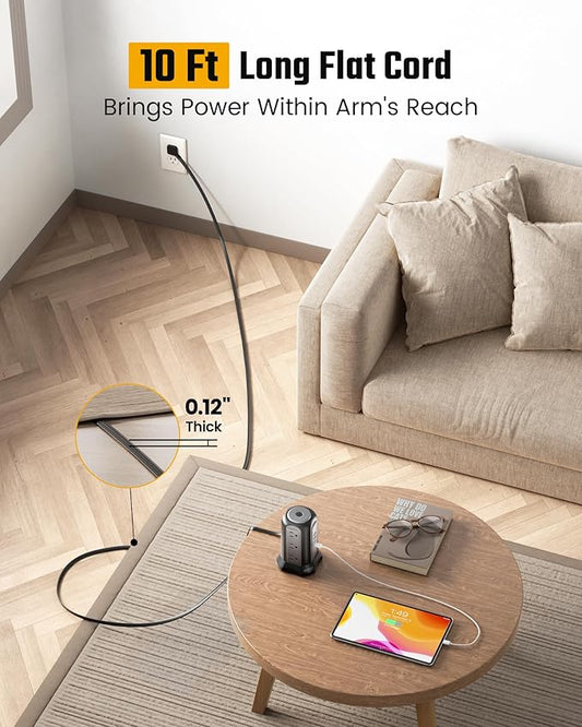 Power Strip Tower Surge Protector, SUPERDANNY Desktop Charging Station, 10 Ft Extension Cord, 9 Outlets, 4 USB Ports, 1080 Joules, 3-Prong, Grounded, Multiple Protections for Home, Office, Black