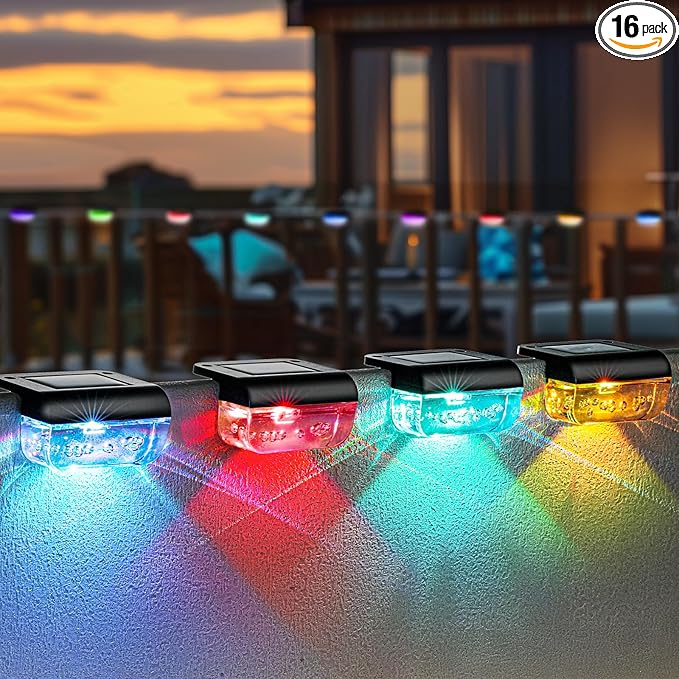 Herzila 16 Pack Solar Fence Lights, RGB Color Changing Christmas Fence Solar Light, Waterproof Deck Lights for Step, Stair, Pool and Yard