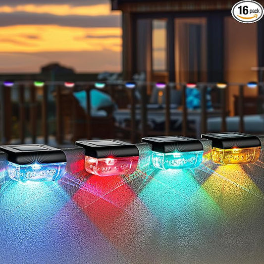 Herzila 16 Pack Solar Fence Lights, RGB Color Changing Christmas Fence Solar Light, Waterproof Deck Lights for Step, Stair, Pool and Yard