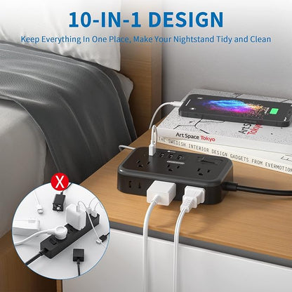 Flat Plug Extension Cord 10 Ft, NTONPOWER 6 Widely Spaced Outlet(2 Side) Power Strip with 4 USB Ports, Overload Protection, Wall Mount Charging Station for Home Office, Nightstand and dorm room, Black