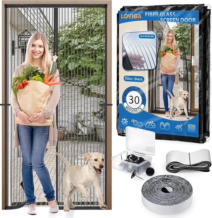 Heavy Duty Door Screen Magnetic Closure, LOVIGA Thickened Fiberglass Screen Door Mesh, Self Sealing, Tear Resistant, Easy Assemble, Fine Mesh Keep Bugs Out Fit Door Size 32 Inch X 80 Inch Black