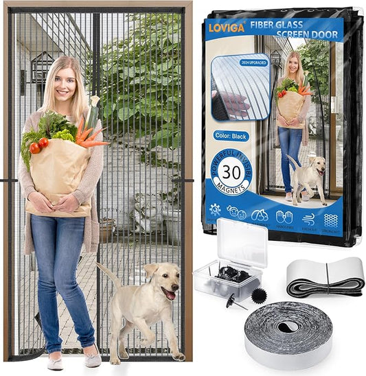 Heavy Duty Door Screen Magnetic Closure, LOVIGA Thickened Fiberglass Screen Door Mesh, Self Sealing, Tear Resistant, Easy Assemble, Fine Mesh Keep Bugs Out Fit Door Size 36 Inch X 96 Inch Black
