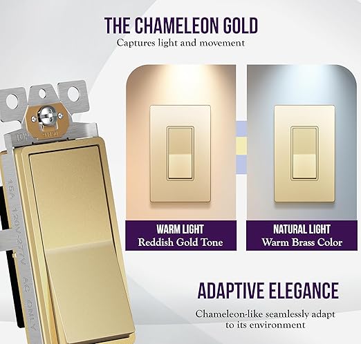 ENERLITES Elite Series Decorator Rocker Light Switch, 15A 120V/277V, Single Pole, Grounding Screw, Residential Grade, UL Listed, Wall Plates Included, 91150-GDWP-10PCS, Gold (10 Pack)