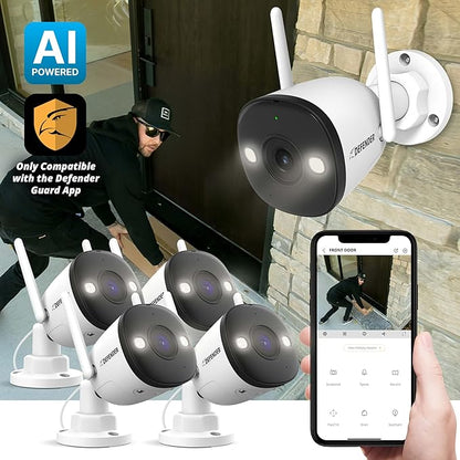 Defender AI Powered 4K Guard Pro 8MP WiFi 6, Plug-in Power Wireless Security Camera Outdoor, with Smart AI Human Detection, Bluetooth, Two-Way Talk, Works w/Guard App, 4 Pack