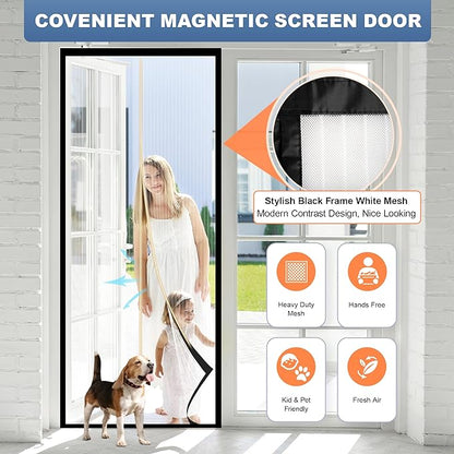 METAONLY Magnetic Screen Door Mesh Fits 36" x 82" Door - Curtain Size 38" x 83", Works for Patio, Sliding Door, Keeps Bug Mosquito Out, Fresh Air Flow, Black Frame White Veil