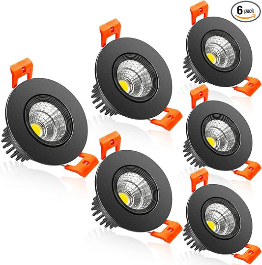 2Inch LED Recessed Ceiling Light, 3W Dimmable LED Downlight, Daylight White 5500K, 60 Beam Angle COB Recessed Lights with Driver, 25W Halogen Bulbs Equivalent for Ceiling Lighting, Black 6Pack