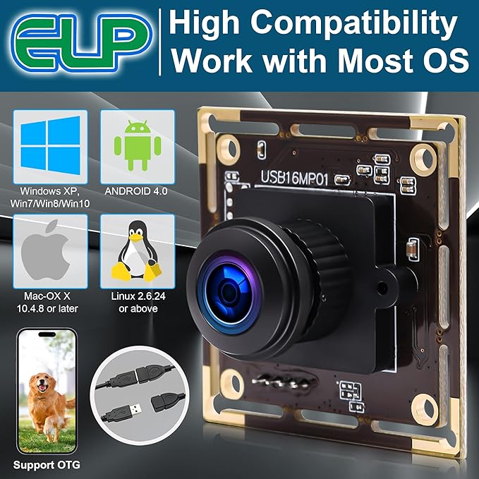 ELP 16mp Wide Angle USB Camera for Computer 180degree Fisheye Lens Webcam Board Mini UVC USB2.0 4K Video Lightburn Camera Module,with 3.3ft/1m Cable for Laptop, PC, Raspberry Pi, Jetson Nano