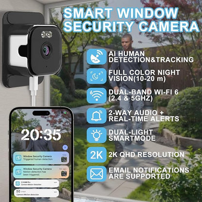 2K Window Security Camera (2-Pack), 3MP Dual-Band WiFi Indoor Home Camera, Color Night Vision, Human Detection, No Drilling