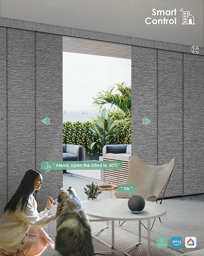 Yoolax Custom XL Smart Sliding Door Blinds, Motorized Sliding Panel Blinds Compatible with Alexa, Fabric Blackout Vertical Rechargeable Battery Shades for Glass Doors(Basalt Stripe Black)