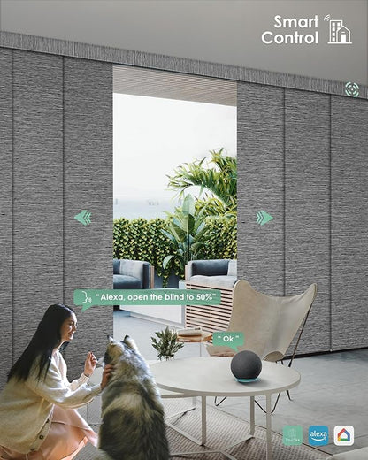 Yoolax Custom XL Smart Sliding Door Blinds, Motorized Sliding Panel Blinds Compatible with Alexa, Fabric Blackout Vertical Rechargeable Battery Shades for Glass Doors(Basalt Stripe Black)