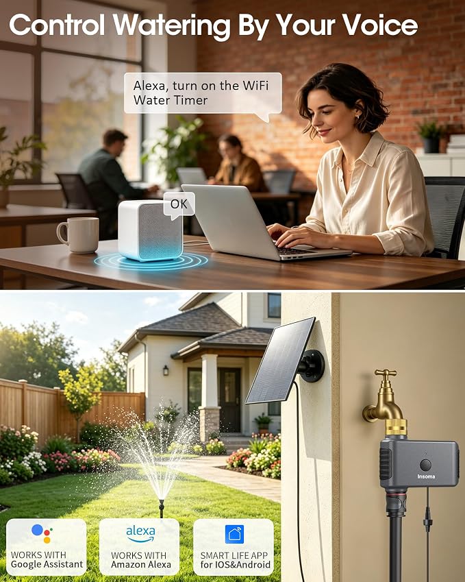 Insoma Solar WiFi Water Timer for Garden, 365-Day Power, Brass Inlet | Solar Panel+Type-C Dual Power, APP&Voice Control, Alexa/Google Compatible, Rain Delay+Manual Mode, WiFi Direct, 2.4GHz, IPX6