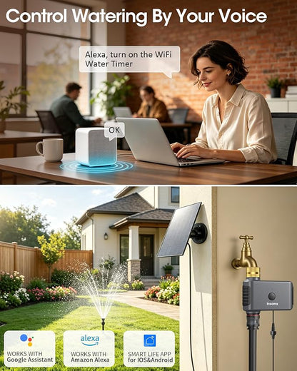 Insoma Solar WiFi Water Timer for Garden, 365-Day Power, Brass Inlet | Solar Panel+Type-C Dual Power, APP&Voice Control, Alexa/Google Compatible, Rain Delay+Manual Mode, WiFi Direct, 2.4GHz, IPX6