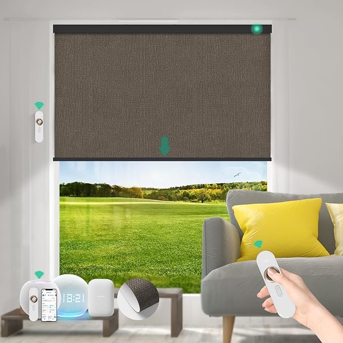 Motorized Blinds with Remote [100% Blackout & Silent Motor] Smart Blinds Compatible with Alexa Google HomeKit, Electric Roller Shades for Indoor Windows, Customized Size, Crossweave Brown