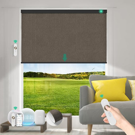 Motorized Blinds with Remote [100% Blackout & Silent Motor] Smart Blinds Compatible with Alexa Google HomeKit, Electric Roller Shades for Indoor Windows, Customized Size, Crossweave Brown