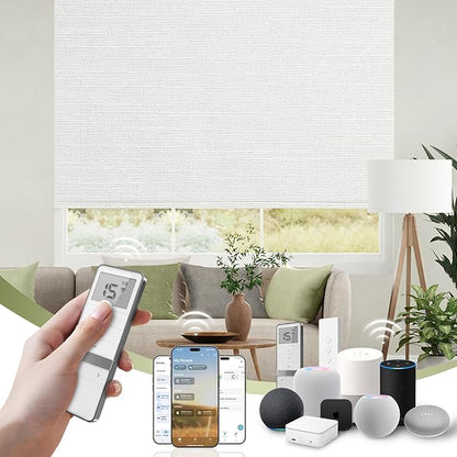 FineTell Motorized Blinds with Remote, 100% Blackout Roller Shades Compatible with Alexa,Apple Homekit,Google Home APP and Voice Control, Customized Electric Blinds (100% Blackout Dreamy White)