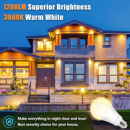 A19 Dusk to Dawn Sensor Light Bulbs Outdoor 100 Watt Equivalent, 11W Automatic On/Off LED Bulbs Warm White 3000K, 4-Pack 1200lumens Outdoor Smart Bulbs Photocell for Porch Garage Security, E26 Base