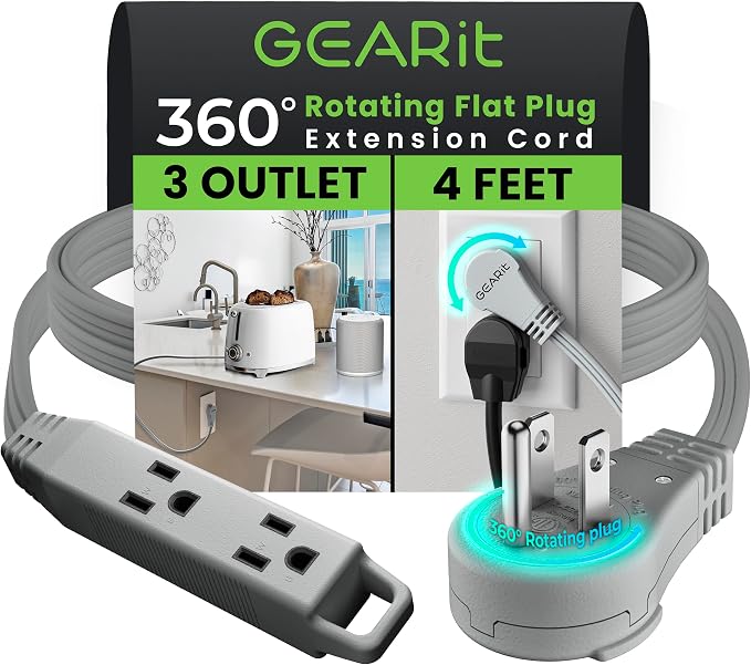 GEARit 4 ft 360° Rotating Flat Plug Extension Cord, 3 Outlet Low Profile Power Cord, 16 AWG 13A 3 Prong Grounded Indoor Cord, ETL Listed, Space-Saving for Furniture, Grey