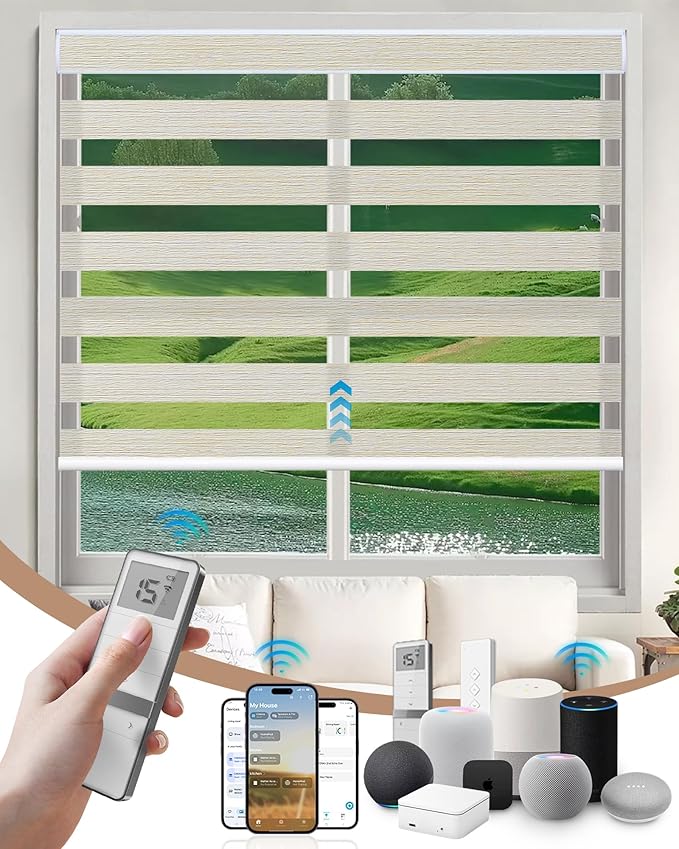 Kincmo Motorized Blinds with Remote, Motorized Zebra Shades Work with Apple Homekit,Alexa,Google Home, Customized Electric Blinds with Remote,App,Voice Control (70% Blackout Galaxy Beige)