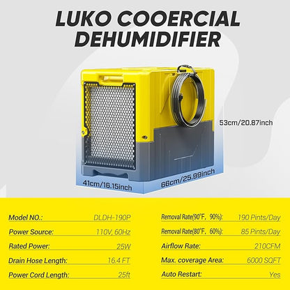 190PPD Commercial Dehumidifier with Pump for Basement-6000Sq.Ft. Warehouse, Large Space Crawl Space Dehumidifier for Efficient Water Damage Restoration-Auto Defrost, Memory Starting, Yelow