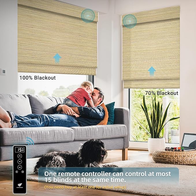 SmartWings Motorized Natural Woven Wood Shades Work with Matter Thread Homekit Z-Wave Alexa Google, 50%/70%/100% Blackout Electric Auto Roman Shades Cordless Remote Control Customized, Bamboo 019