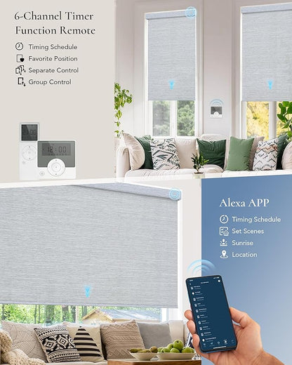 Motorized Light Filtering Shades Compatible with Alexa Google Smart Blinds Automatic Window Shade Remote Control 70% Blackout Striped Grey