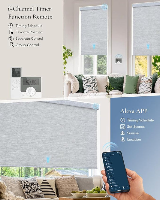 Motorized Light Filtering Shades Compatible with Alexa Google Smart Blinds Automatic Window Shade Remote Control 70% Blackout Striped Grey