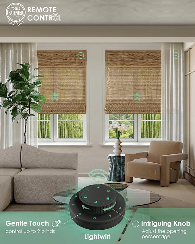 Yoolax Motorized Bamboo Roman Shades with Remote, Smart Roman Shades for Indoor Windows, Light Filtering Automatic Blinds Work with Alexa, Google Home, Apple Homekit, Customized (Bamboo Texture Brown)