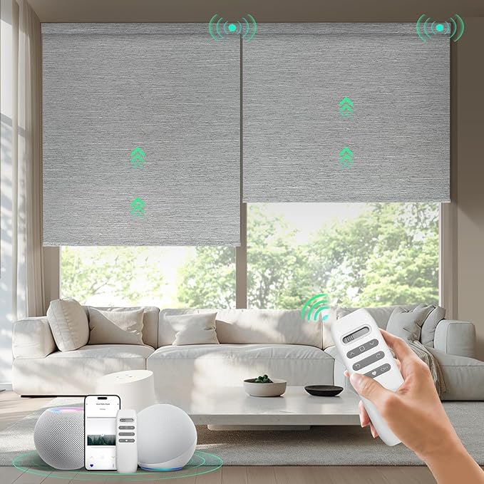HeyBlinds Motorized Blinds with Remote, 100% Blackout Smart Blinds, Automatic Shades for Windows Compatible with Alexa Google and Homekit, Custom Size(Summer Haze-Greywind BO)