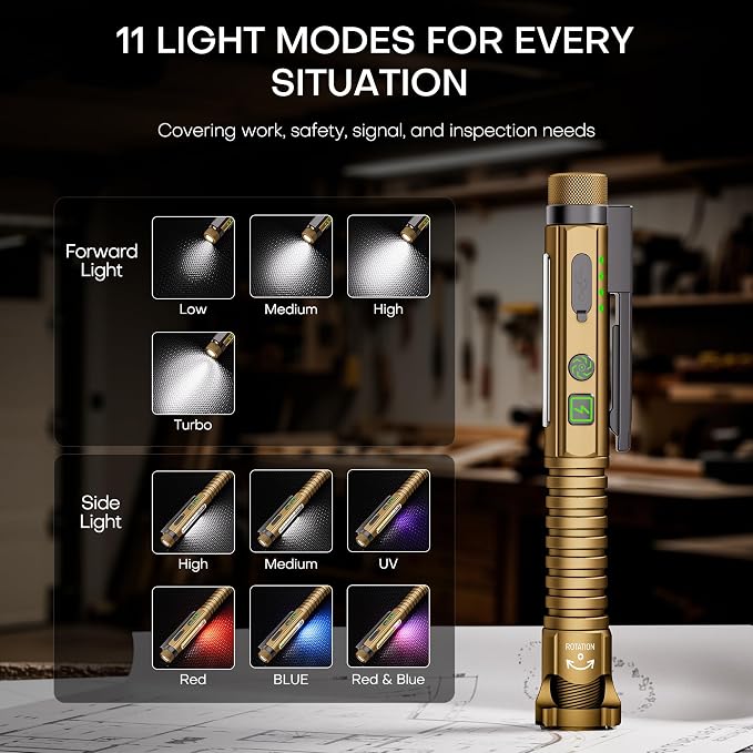 EDC Flashlight Rechargeable,800 Lumen Small Flashlight with Magnetic Clip & Base, 11 Modes LED Flashlight,Glass Breaker&Bottle Opener, USB-C Flashlight for Working,Home and Emergency