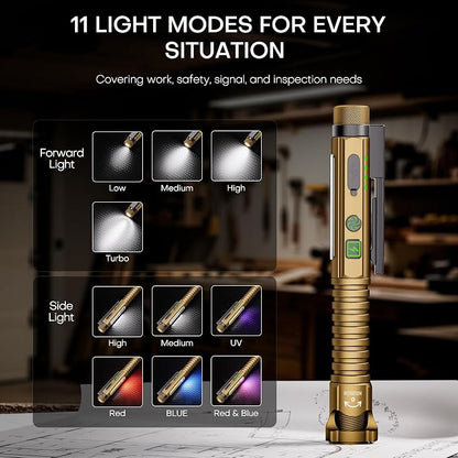 EDC Flashlight Rechargeable,800 Lumen Small Flashlight with Magnetic Clip & Base, 11 Modes LED Flashlight,Glass Breaker&Bottle Opener, USB-C Flashlight for Working,Home and Emergency