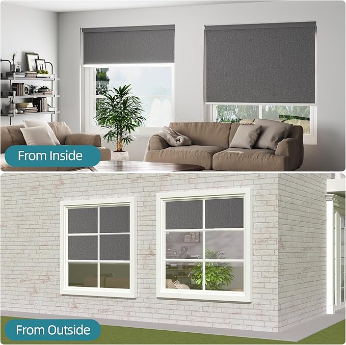 Changshade Custom Size Cordless Roller Shades with Valance, Blackout Roller Shades for Windows Roll-up Fabric Blinds with Thermal Insulated for French Door, Easy Installation Deep Grey