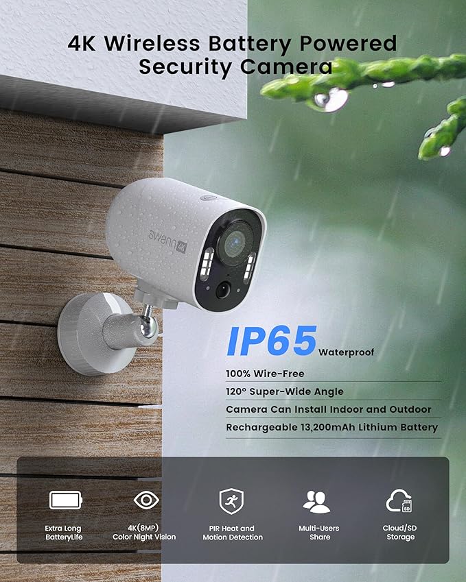Swann Xtreem 4K Wireless Security Camera, Wireless Camera with 32GB Micro SD & Cloud Storage, Indoor & Outdoor Surveillance, Ideal for Baby Monitor & Home, 2-Way Talk, Wi-Fi, No Monthly Fee, 4KXTRM-GL