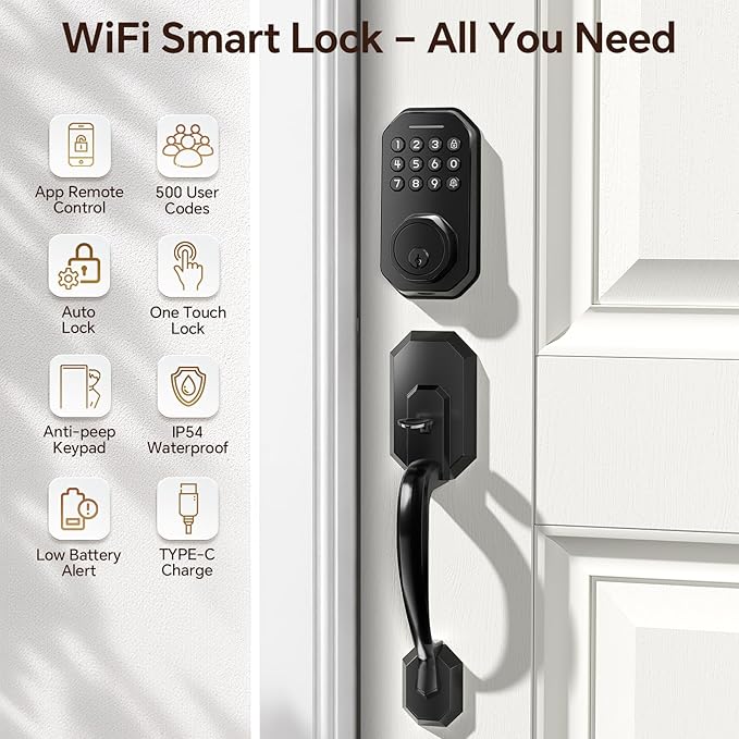 Ulecoce WiFi Smart Door Lock for Front Door, Keyless Entry Door Lock with App Control, Front Door Lock Set, Keypad Deadbolt with Handle Set, 5 Keys, Auto-Lock ＆ One-Touch Lock, One-time Codes, Black