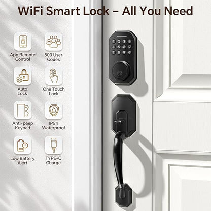 Ulecoce WiFi Smart Door Lock for Front Door, Keyless Entry Door Lock with App Control, Front Door Lock Set, Keypad Deadbolt with Handle Set, 5 Keys, Auto-Lock ＆ One-Touch Lock, One-time Codes, Black