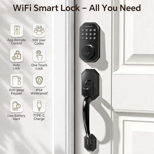 Ulecoce WiFi Smart Door Lock for Front Door, Keyless Entry Door Lock with App Control, Front Door Lock Set, Keypad Deadbolt with Handle Set, 5 Keys, Auto-Lock ＆ One-Touch Lock, One-time Codes, Black