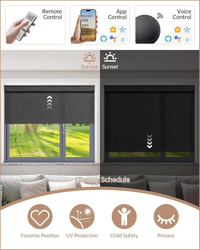 Kincmo Motorized Blinds with Remote, Light Filtering Roller Shades Work with Apple Homekit,Alexa,Google Home, Custom Electric Blinds with App,Voice Control (75% Blackout Classic Shadow)