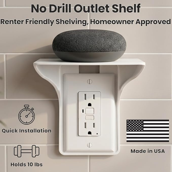 Power Perch Outlet Shelf Organizer for Alexa Echo Dot, HomePod Mini Speakers, Phone - Wall Outlet Holder with Cord Storage Strap - Socket Shelf Bathroom Kitchen Counter Charging Station - White 2 Pack