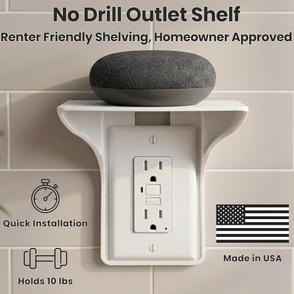 Power Perch Outlet Shelf Organizer for Alexa Echo Dot, HomePod Mini Speakers, Phone - Wall Outlet Holder with Cord Storage Strap - Socket Shelf Bathroom Kitchen Counter Charging Station - White 2 Pack