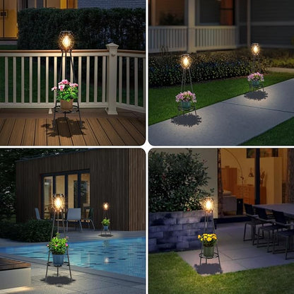 MXwcy 2 Pack Solar Lights Outdoor with LED Edison Bulbs, Vintage Style Solar Floor Lamp with Plant Stands, Weatherproof Garden Lights for Pathway, Patio, Yard, Porch Decor 8-10 Hours Lighting