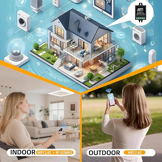 Smart Dry Contact Switch, AC Wireless Relay with RF Remote (165ft) & Tuya App, NO/NC 8A/250VAC & 8A/30VDC - for Garage Door,Lights, Alexa/Google Home Compatible (smart Switch)